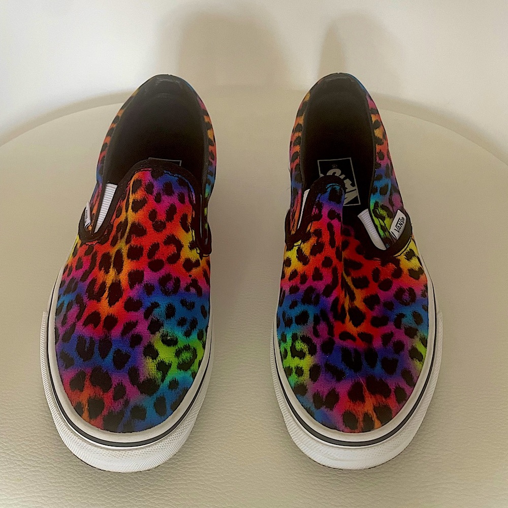 Rainbow Cheetah Print Vans slide-ons.